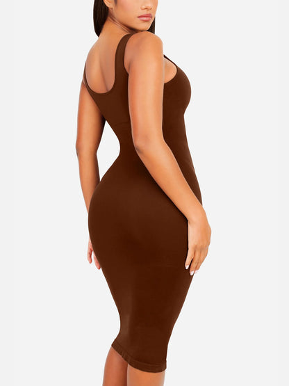 Sllowy - Vestido Moldeador Midi de Escote Alto Sin Costuras